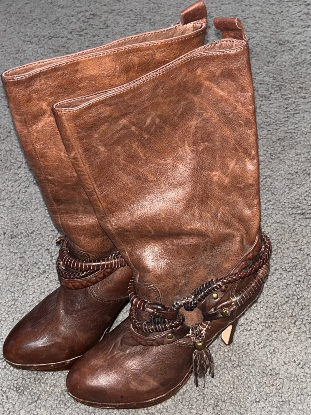 DOLCE VITA HENRIETTA SHEEPSKIN LEATHER WOOD PLATFORM STRAPPY BOHO BROWN BOOTS 6
